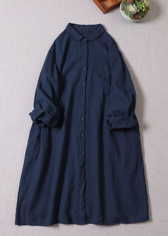 Classy Navy Peter Pan Collar Button Shirts Dress Spring