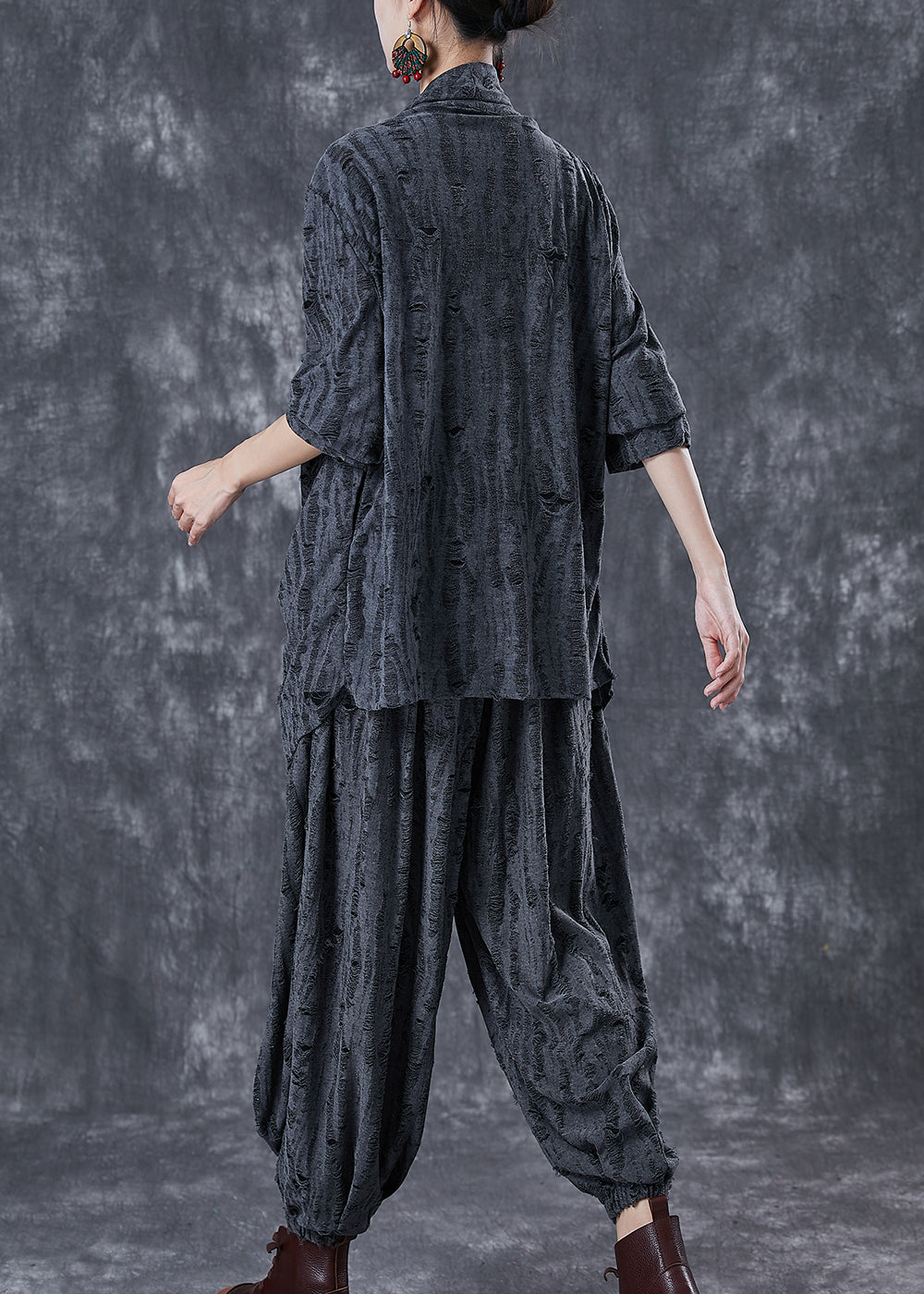 Grey Asymmetrical Cotton Ripped Two Pieces Set Fall