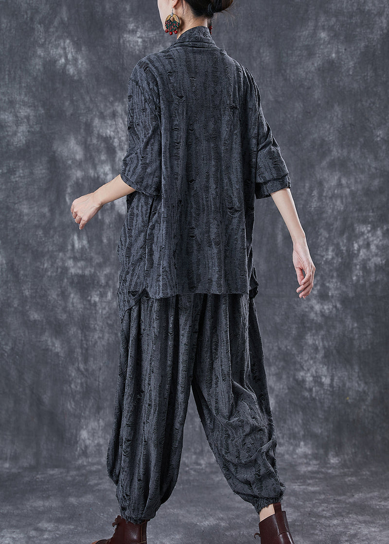 Grey Asymmetrical Cotton Ripped Two Pieces Set Fall