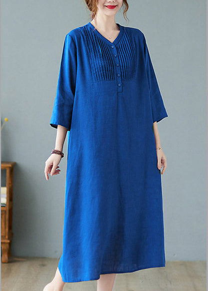 Blue Wrinkled Linen Long Dresses Half Sleeve