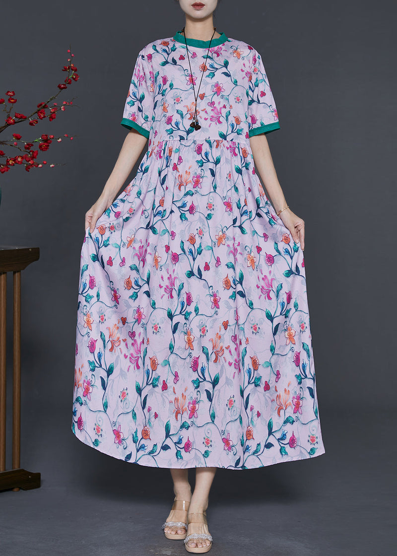 Pink Stand Collar Print Silk Long Dress Summer