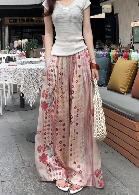 Pink Oversized Print Cotton Wide Leg Pants Fall