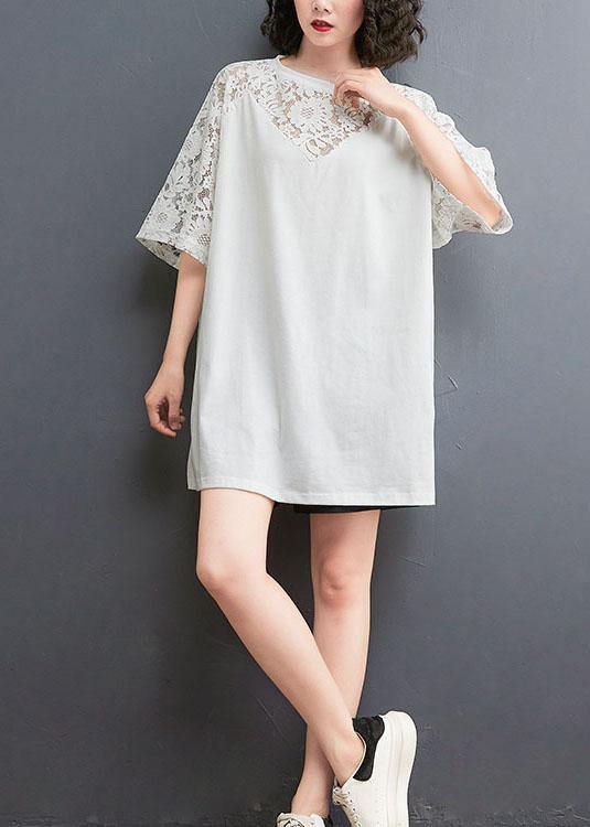 White Patchwork Lace O-neck Cotton Tee Summer