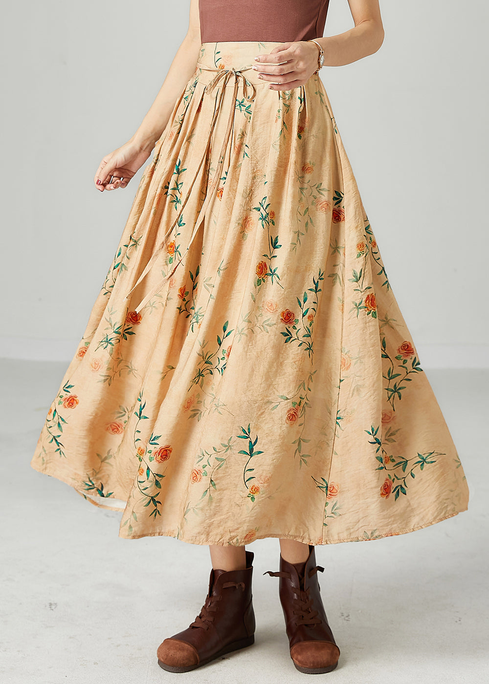 Khaki High Waist Print Cotton a Line Skirts Summer