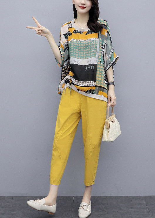 Yellow O-neck Print Top and Pants Two Pieces Set Summer