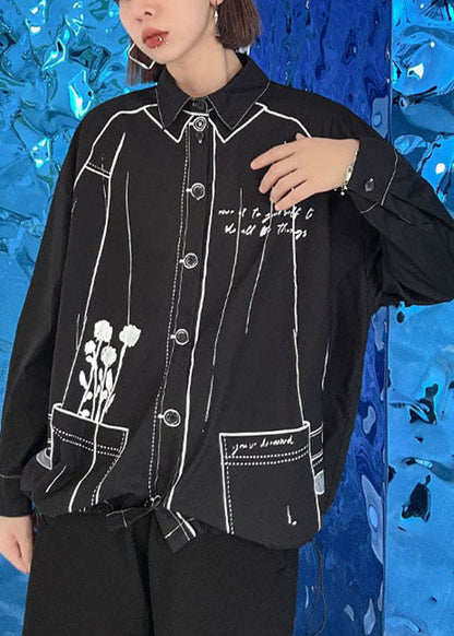 Black Print Drawstring Button Fall Long Sleeve Shirts