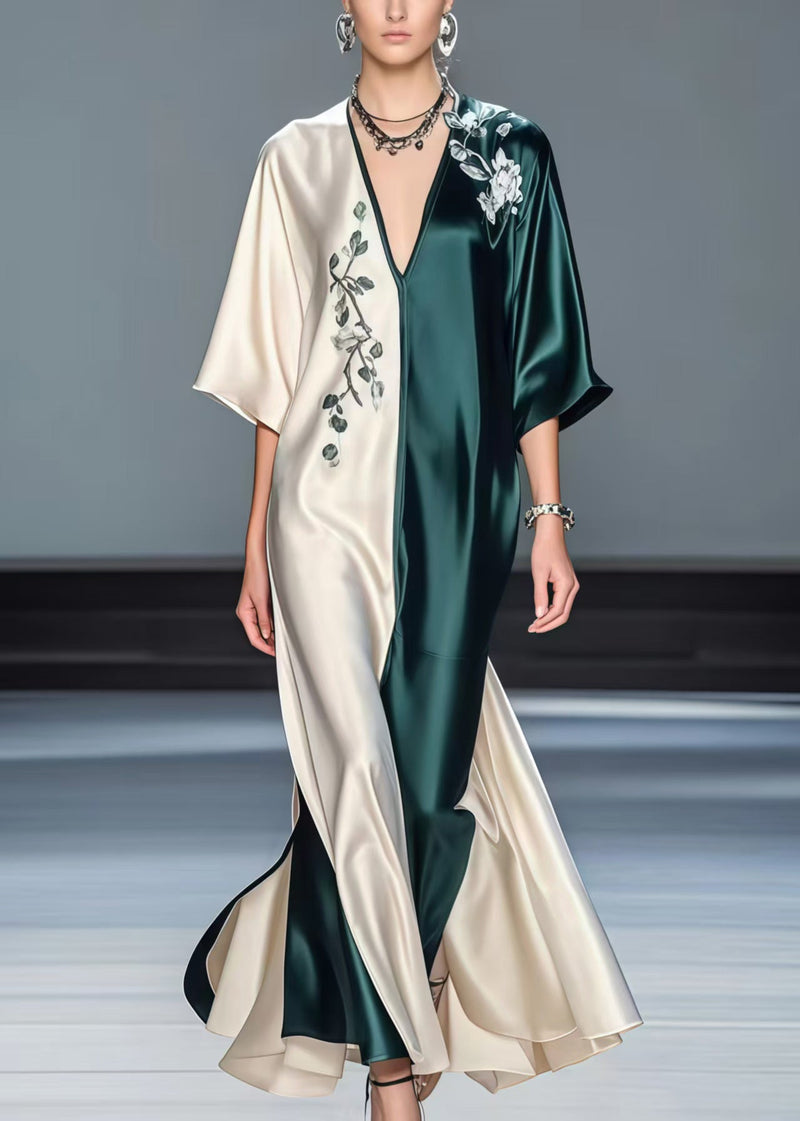 Boutique Colorblock V Neck Patchwork Silk Long Dresses Half Sleeve