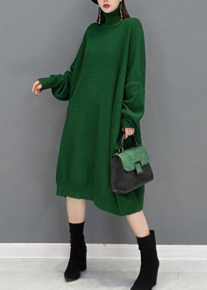 Green Turtle Neck Knit Sweater Dresses Batwing Sleeve
