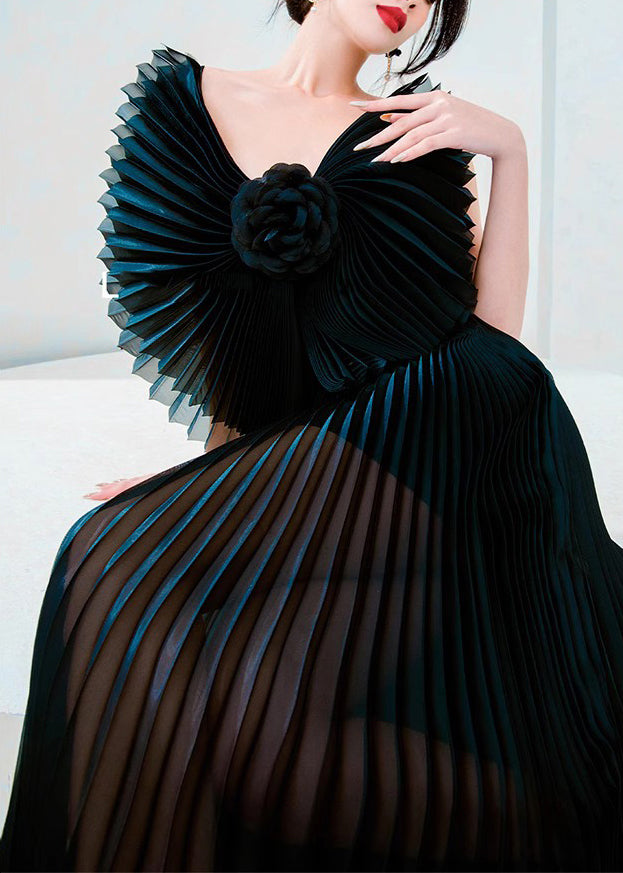 Black V Neck Wrinkled Tulle Long Dress Sleeveless