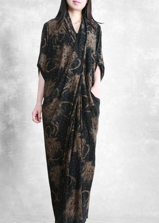 Retro V Neck Asymmetrical Print Pockets Draping Silk Dress Half Sleeve