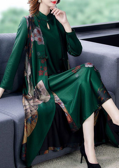 Green Print Chinese Button Silk Fake Two Piece Oriental Dresses Spring