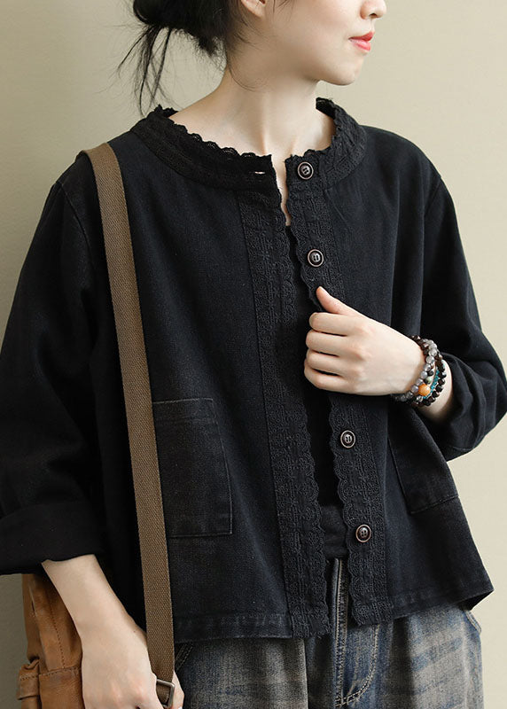 Black Button Embroideried Fall Denim Coat