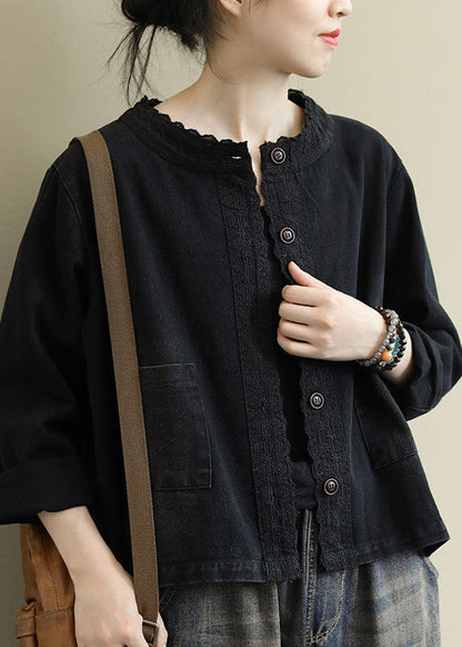 Black Button Embroidered Fall Denim Coat