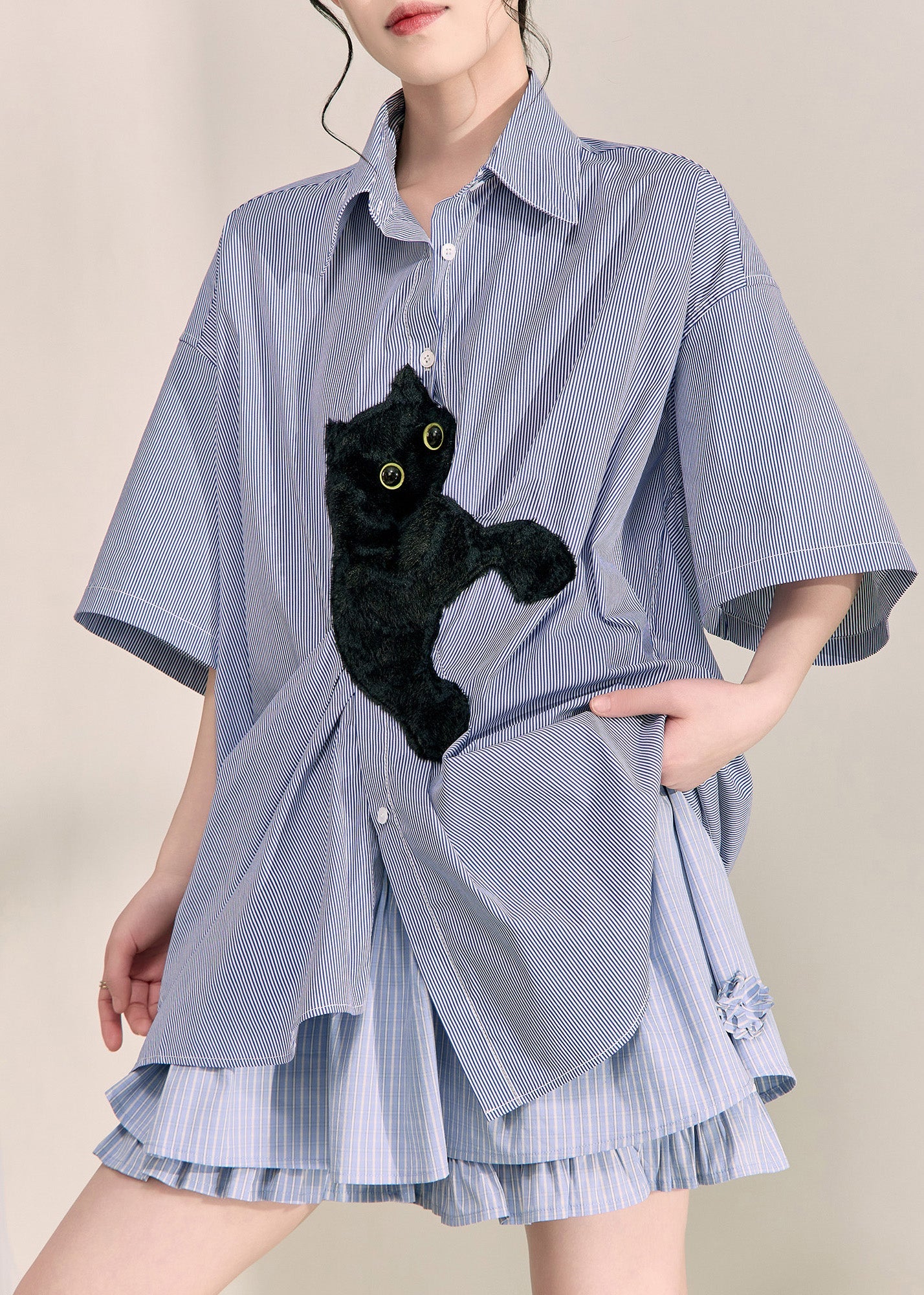 Blue Peter Pan Collar Little Cats Striped Shirts Summer