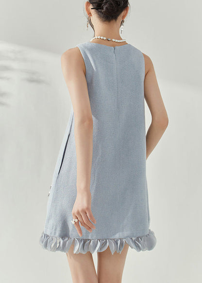 Blue O-neck Patchwork Nail Bead Mid Dresses Sleeveless