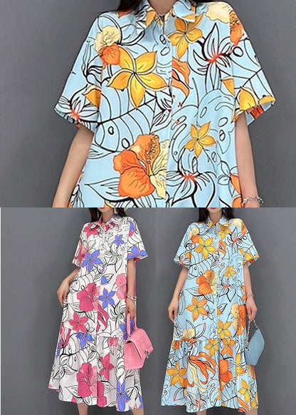 Orange Print Patchwork Shirt Dress Button Wrinkled Short Sleeve