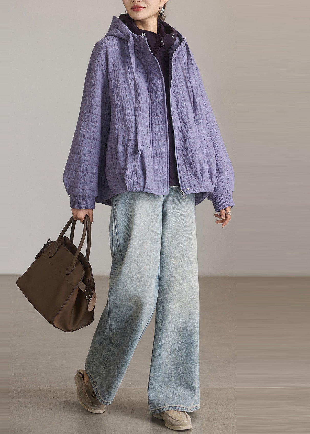 Simple Lavender Oversized Fine Cotton Filled Hoodie Coat Winter