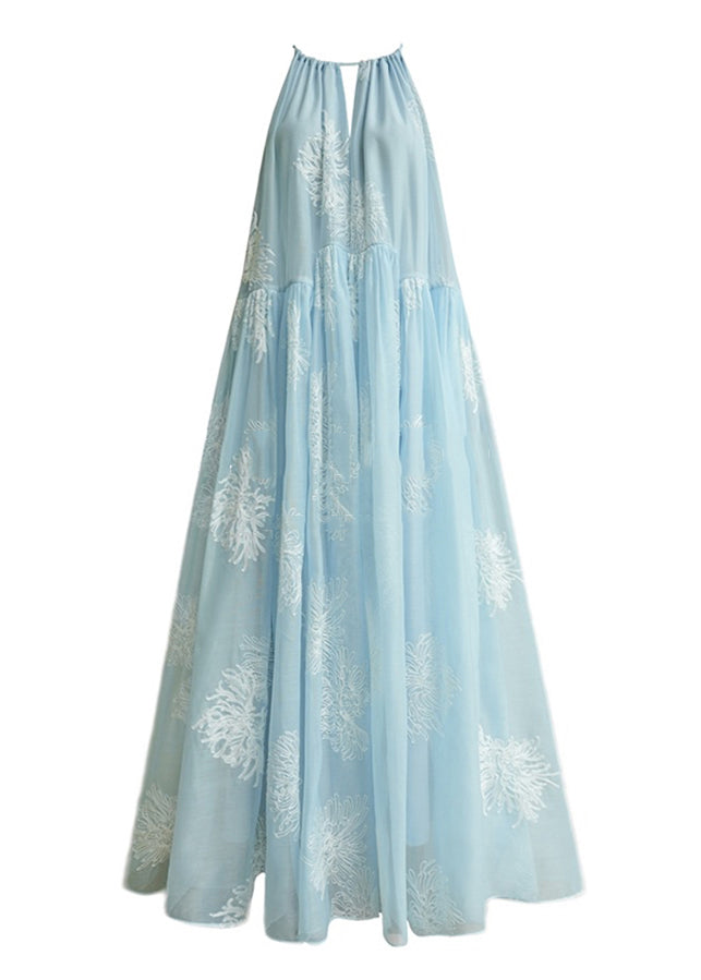 Blue Embroidered Patchwork Silk Maxi Dress Sleeveless