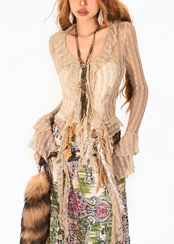 Stylish Camel Ruffled Patchwork Lace Shirt Flare Sleeve