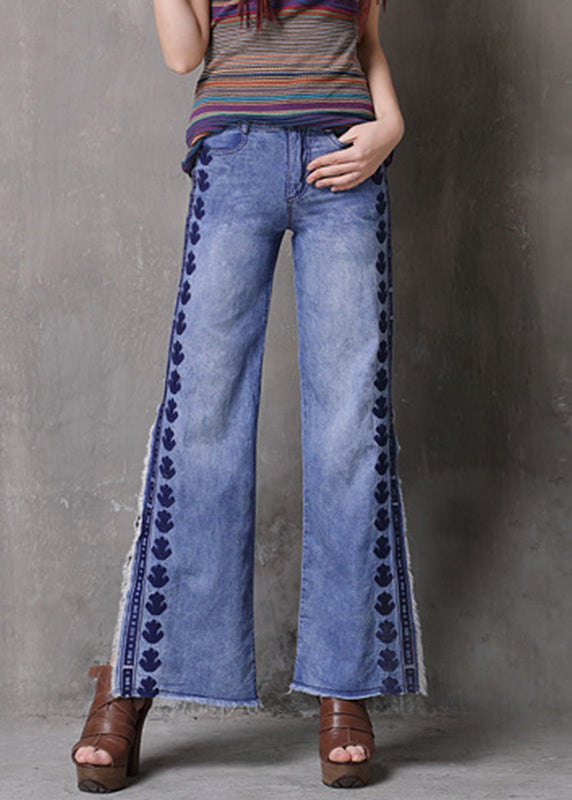 Light Blue Embroidered Side Open Pockets High Waist Jeans Summer