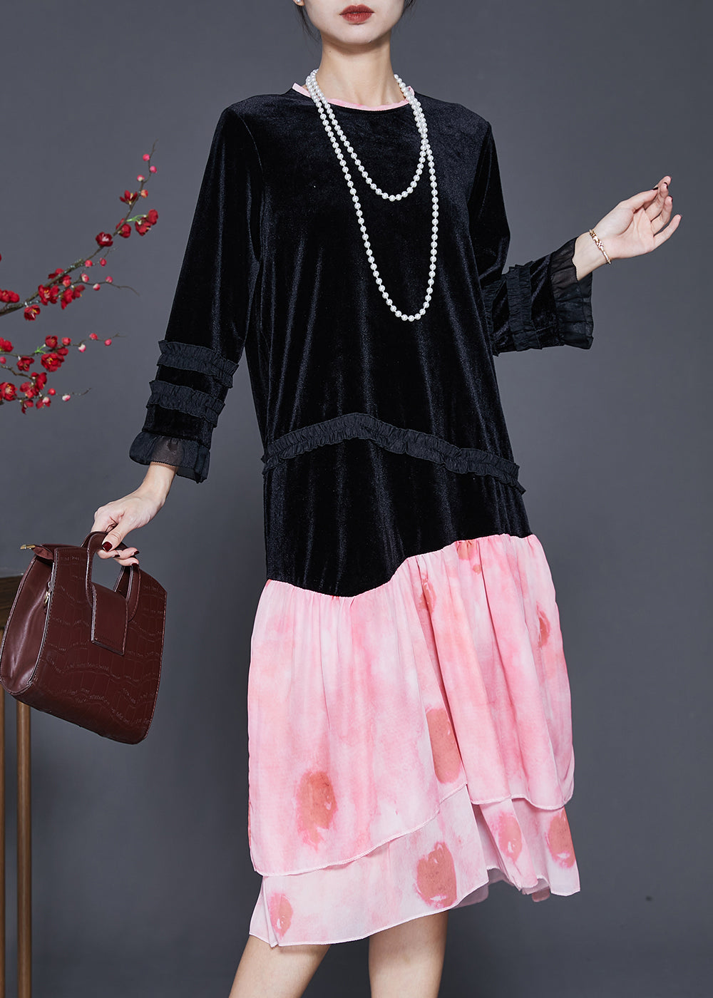 Unique Black Ruffled Patchwork Silk Velour Dress Spring