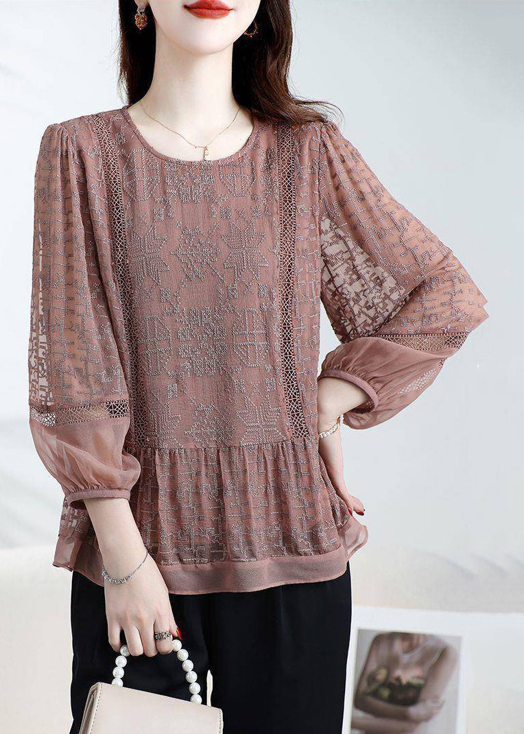 Loose Coffee O-neck Embroidered Patchwork Silk Top Bracelet Sleeve