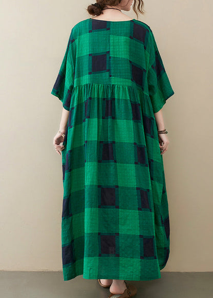 Green Plaid O-neck Pockets Wrinkled Long Dresses Half Sleeve