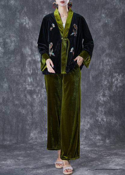 Blackish Green Embroideried Patchwork Silk Velour Two Pieces Set Fall