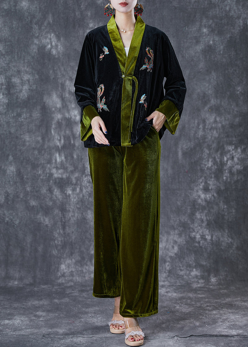 Blackish Green Embroideried Patchwork Silk Velour Two Pieces Set Fall