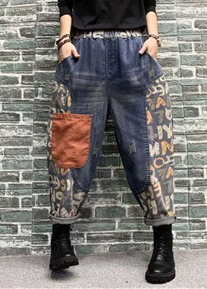 Blue Pockets Patchwork Print Denim Harem Pants Spring