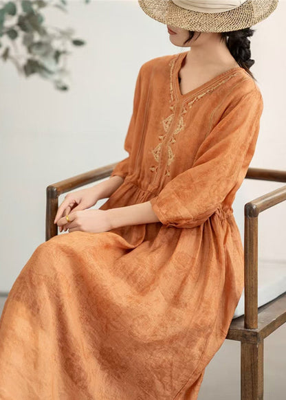 Orange Embroidered Patchwork Linen Dresses Summer