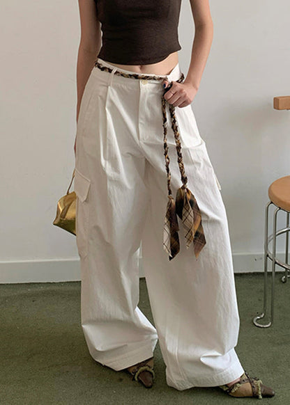 White Pockets High Waist Cotton Wide Leg Pants Fall