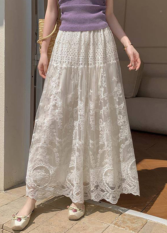 Simple Apricot Hollow Out Lace Elastic Waist Tulle Skirts Summer