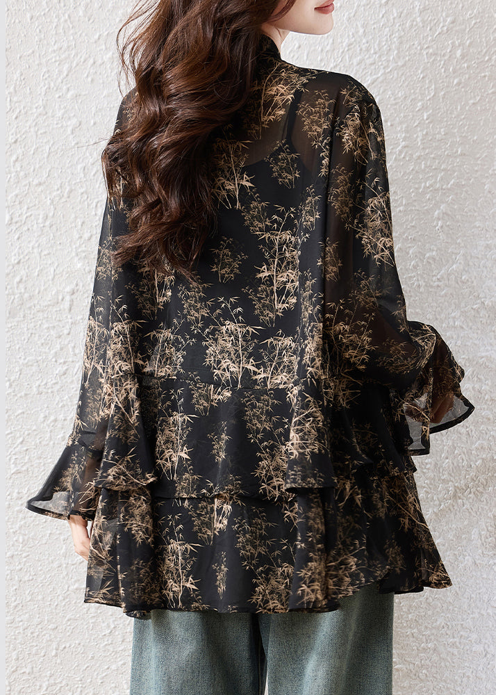 Black Oversized Print Chiffon Shirts Fall