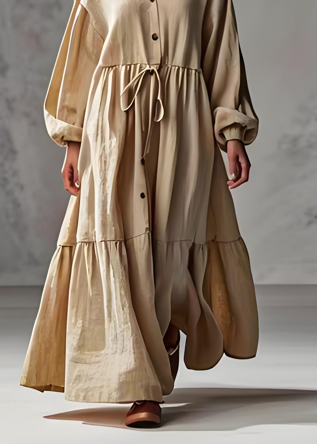 Apricot V Neck Wrinkled Patchwork Cotton Long Dress Lantern Sleeve