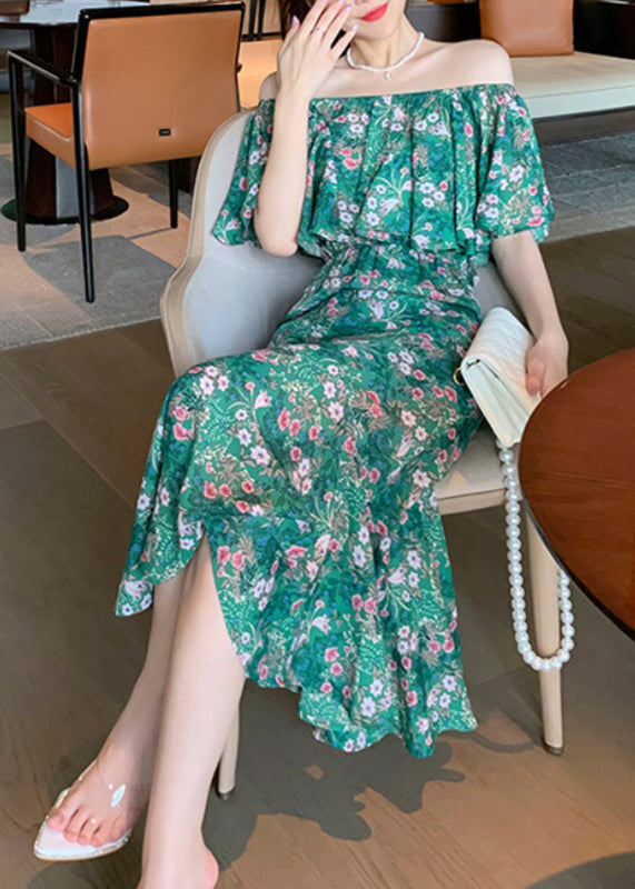 Green Slash Neck Print Long Fishtail Dress Short Sleeve