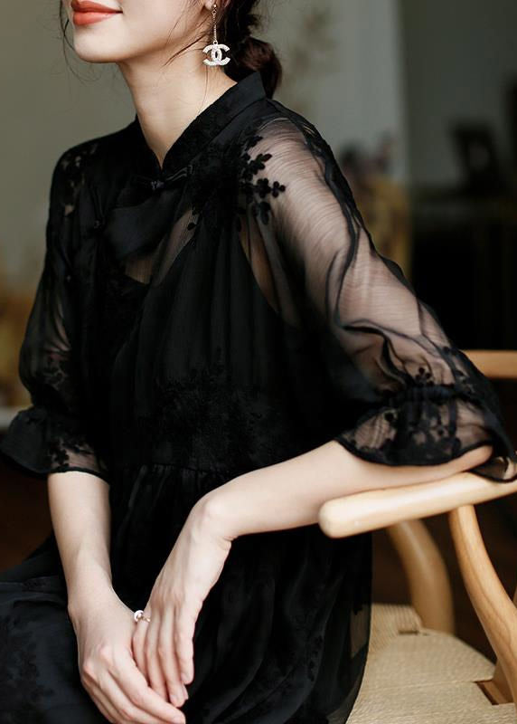 Natural Black Stand Collar Embroideried Button Tulle Long Dress Half Sleeve