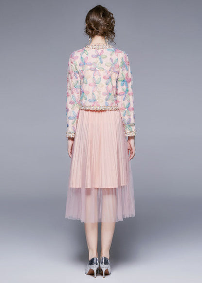 Pink O-neck Print Tulle Two Piece Suit Set Fall