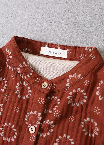 Organic Red Patchwork Pockets Button Fall Print Long Sleeve Dress