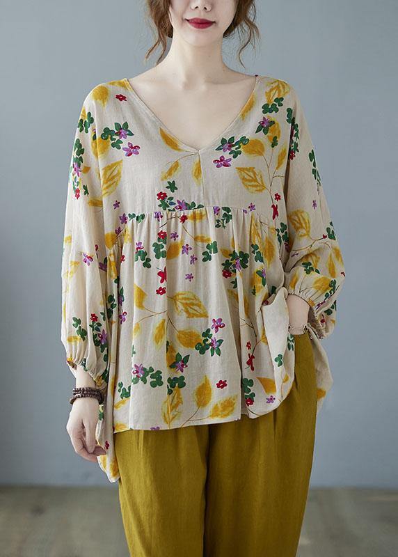 Yellow Ruffles Print Batwing Sleeve Cotton Linen Top