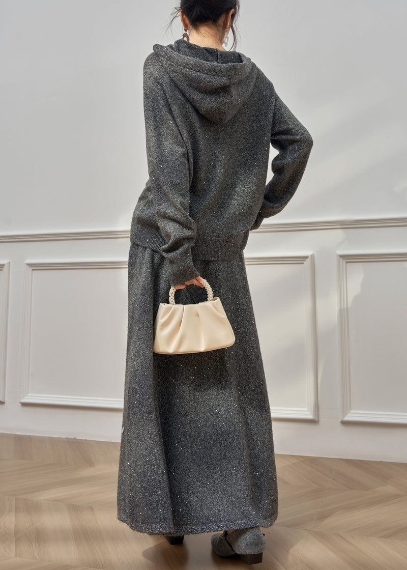 Dark Gray Hooded Sequins Knit Two Pieces Set Winter