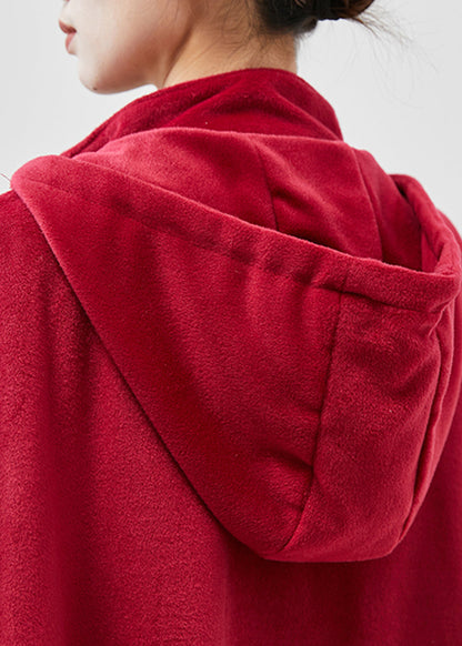 Red Hooded Chinese Button Warm Fleece Coats Cloak Sleeves