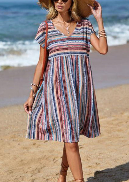 Blue V Neck Striped Cotton Mid Dress Summer