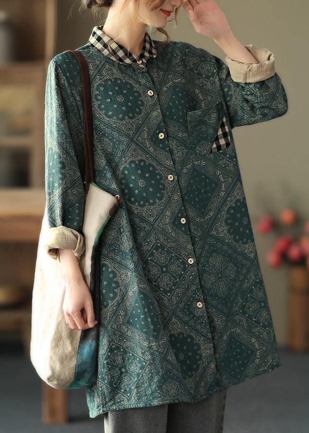 Classy Green Plaid Shirts Lapel Pockets Baggy Spring Tops