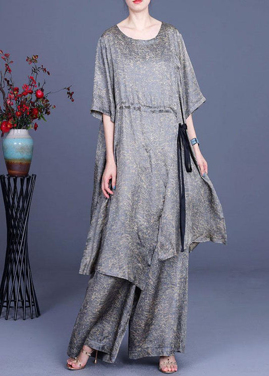 Simple Khaki Print Silk Tie Waist Wide Leg Two Pieces Set