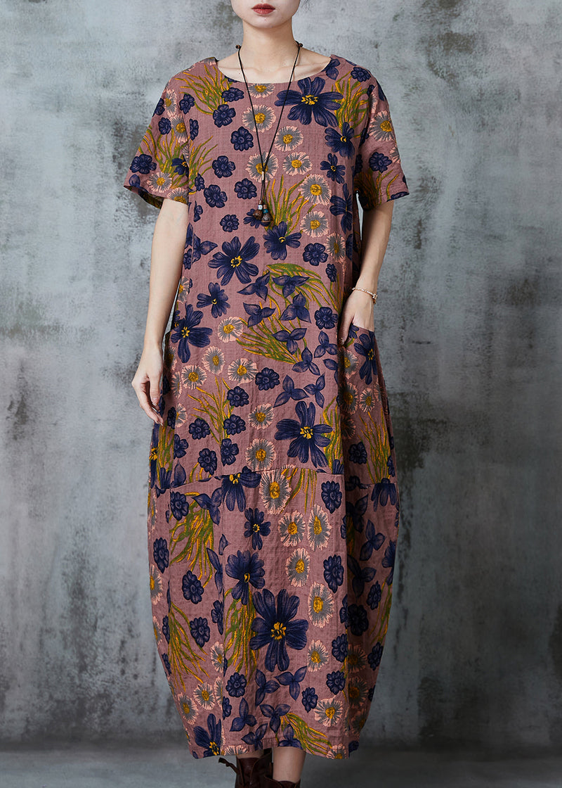 Brown Print Pockets Cotton Holiday Dress Summer
