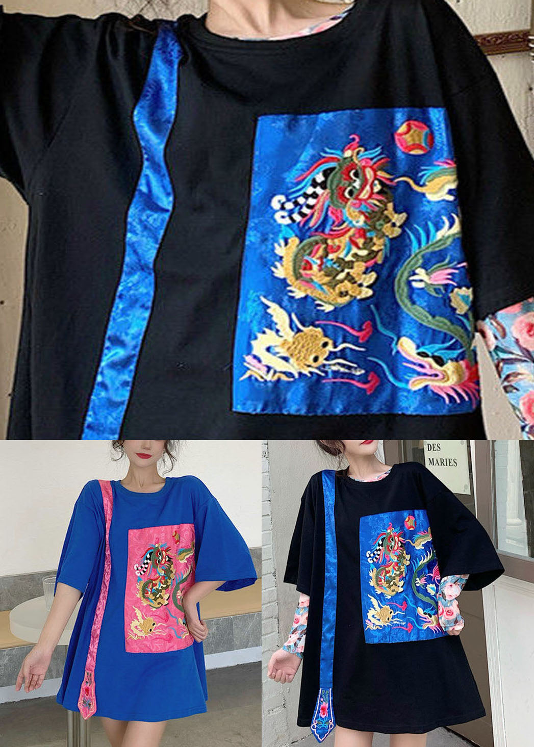 Black O-neck Embroideried Tops Half Sleeve