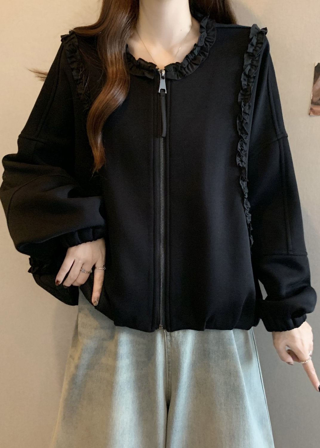 Black Zip Up Cotton Coats Ruffled Long Sleeve