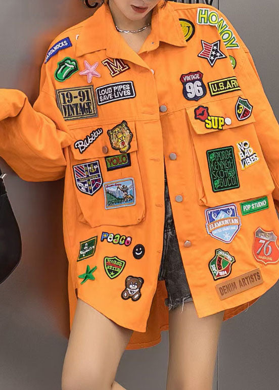 Orange Pockets Graphic Patchwork Denim Coat Spring