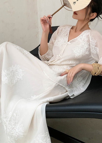 New Retro Beige Embroidered Cotton Two Piece Set Outfits Summer